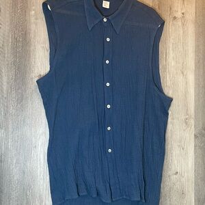 Vintage International Male Sleeveless Cotton Shirt XL Blue Textured Made USA